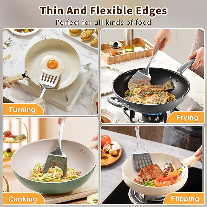 2 Pcs Stainless Steel Spatulas Set, Metal Spatula Solid & Slotted Turner, Heavy Duty Sturdy Spatula for Kitchen Use, High Heat Resistant Cooking Utensils for Fish Eggs Pancakes, Easy to Clean, Silver