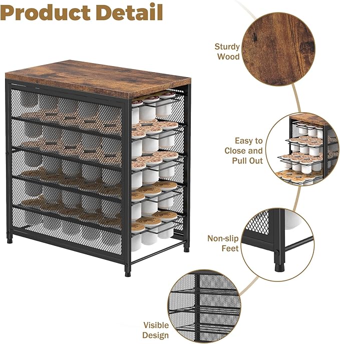 NANANARDOSO Coffee Pod Holder for Counter, 5 Tier Coffee Pod Drawer for Keurig Pod Storage Drawer Holder, 90 Capacity Pods Storage Organizer Cups Capsule with Sliding Baskets for Coffee Station