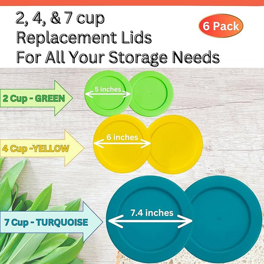 2, 4 & 7 Cup Spring Green, Yellow, Turquoise Replacement Lids/Covers for Pyrex, Anchor Hocking & KlareWare Storage Bowls *Lids Only Glass Container Not Included* (6 Pack *Two of Each Size*)