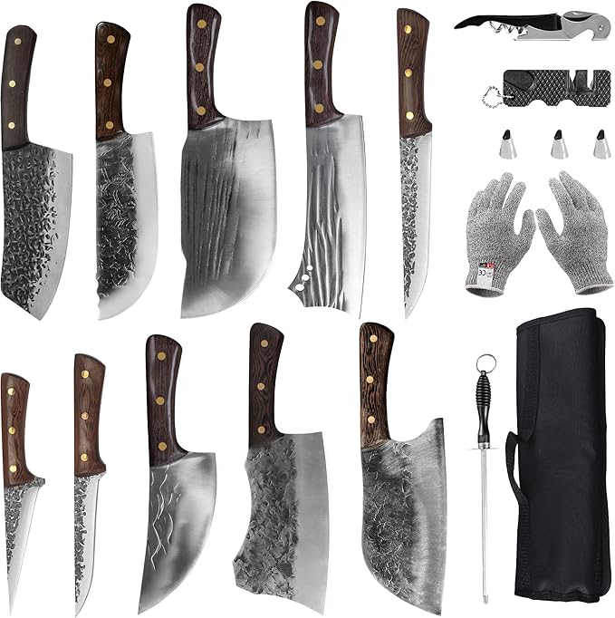 FULLHI 16pcs Butcher Knife Set Hand Forged chef knife Boning Knife With Sheath High Carbon Steel Chef For Kitchen, Camping, BBQ