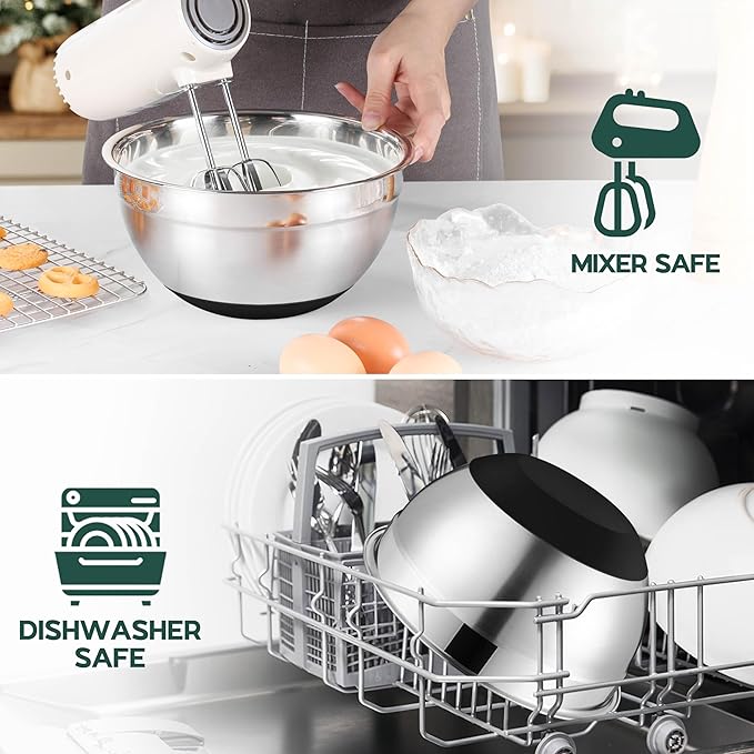 Onader Mixing Bowls with Lids Set of 6 for Kitchen, Stainless Steel Metal Nesting Bowls with Non-Slip Bottom Black - Size 1, 1.5, 2, 2.6, 3.5, 7QT