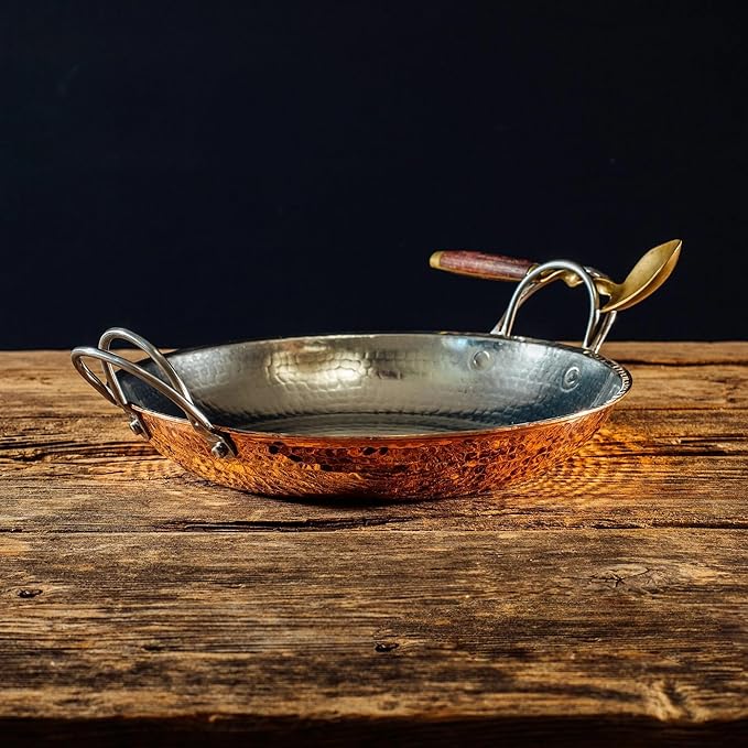 Sertodo Copper Alicante Paella style Cooking/Serving Pan, 10 Inch Diameter, Pure Copper, Heavy Gauge, Hand Hammered, Patented Stainless Steel Handles