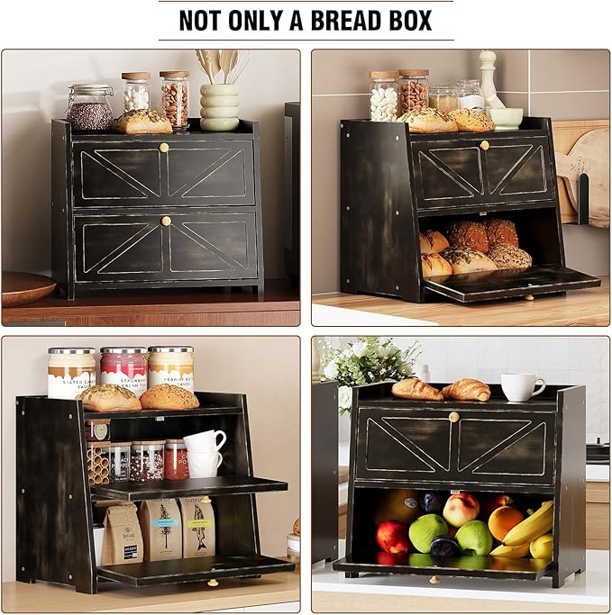 Vintage Double Layer Bread Box for Kitchen Counter Bamboo Bread Storage Container Large Capacity Bread Storage Bin (Antique Black)