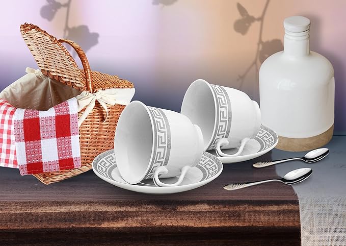 Porcelain Tea Cup and Saucer Set - 4 Piece White with Silver Greek Key Design - 5.5 inch Saucers, 6.5 oz Cups - For Tea Parties, Cappuccino, Decor - Chip Resistant (Meander Silver 3004, 4 Piece)