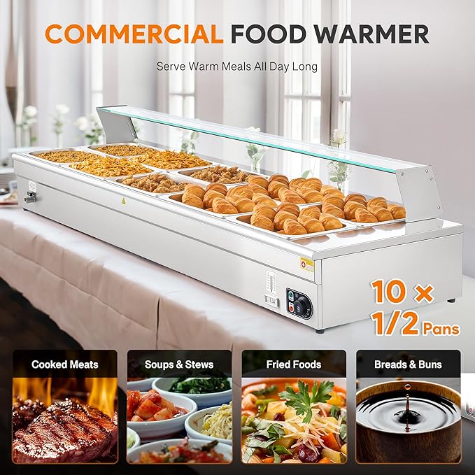 WILPREP Commercial Food Warmer with Ten 1/2 Pans, Electric Warmer for Food with Sneeze Guards Adjustable Temp. & Auto Shutoff, Stainless Steel Food Heating Unit for Buffet Food Truck Hotel Catering