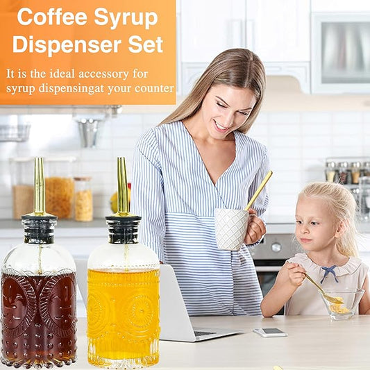 Oudizz Coffee Syrup Dispenser Set 2 Pcs - 200ml Syrup Dispenser Glass With Metal Pour Spout for Coffee Bar for Kitchen