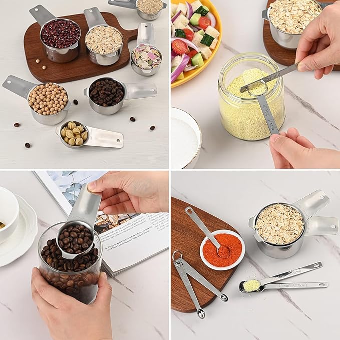 Measuring Cups and Spoons Set 17, Metric & US 18/8 Stainless Steel Measuring Cups and Spoons Set for Baking & Kitchen, Dry & Liquid Metal Measure Cup and Long Handle Spoons for Spice Jar