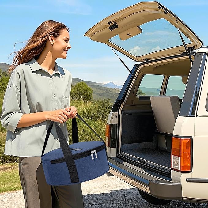 Round Insulated Casserole Carrier, Pie Carrier Bag, Portable Casserole Carrier for Hot or Cold Food Lunch Tote Warmer or Cooler Bag, Lunch Bag for Parties Picnic, Fits 12.5" Baking Dish, Navy Blue