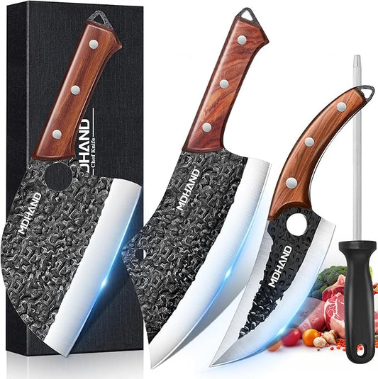 MDHAND Butcher Knife Set, 4PCS Hand Forged Butcher Chef Knife Set with Gift Box, Meat Cutting Knife for Kitchen, Bone Chopper Knives & Viking Knives for Home & Camping & Outdoor, BBQ Gift for Men