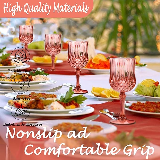 Plastic Wine Glasses,Plastic Goblets Vintage Style Cordial Drinking Glasses for Wedding Reception, Grand Event Party Supplies (24, Rose Gold)