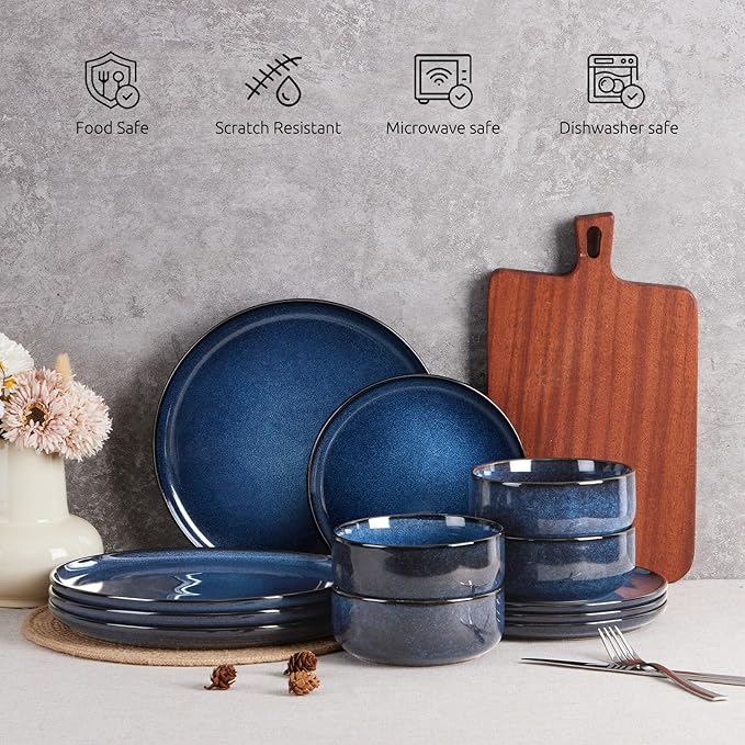 E-far Dinnerware Sets for 4, 12-Piece Stoneware Plates and Bowls Set, Ceramic Dishes Reactive Glaze Dinning Ware, Microwave & Dishwasher Safe - Deep Sea Blue