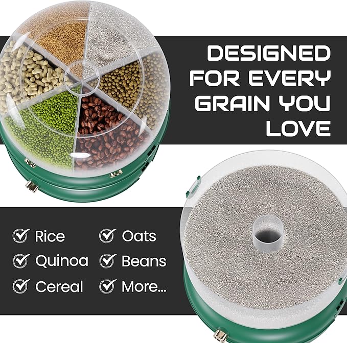 Rice & Multi-Grain Dispenser – Airtight 3-in-1 Rotating Food Storage with Strainer, Holds Up to 22 lbs (12 lb Bulk + 6 Compartments)