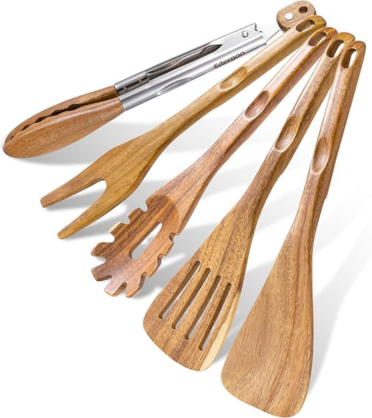 Wood Cooking Utensils Set, 5 PCS Wooden Spoons for Cooking Includes Stainless/Wood Kitchen Tongs, Natural Non-Stick Wooden Utensil Set with Innovative Finger Groove & Non-Slip Notch Design