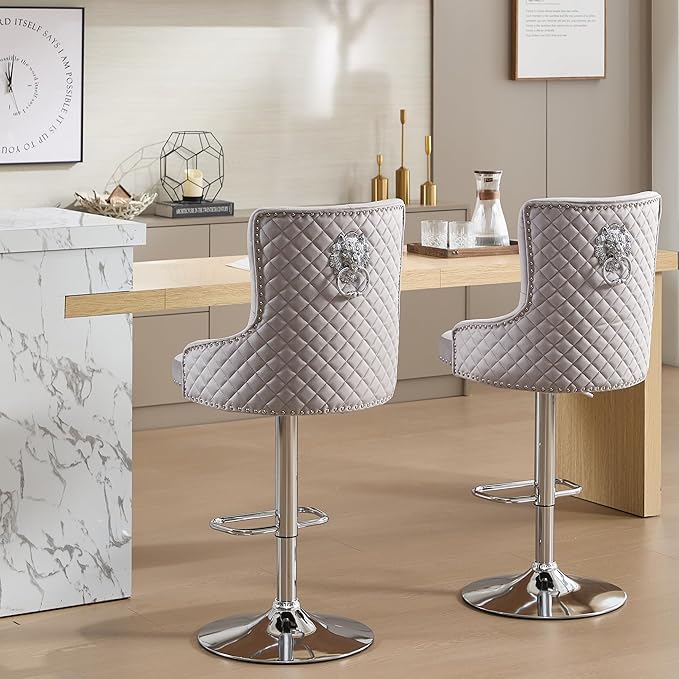 Velvet Lion Bar Stools Set of 4, Modern Height Adjustable Swivel Barstools with Chrome Base, Tufted Counter Height Bar Stools Upholstered Bar Chairs for Kitchen Island, Dining Room, Grey