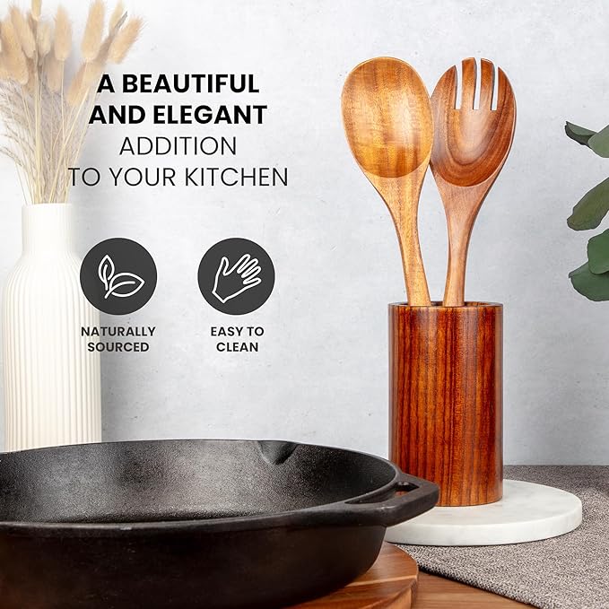 Zulay Kitchen Teak Wood Utensil Set โ 2 Piece Large Wooden Salad Serving Spoon and Fork, Handcrafted Natural Teak Wood Kitchen Utensils, Durable, Nonstick Safe & Smooth Finish