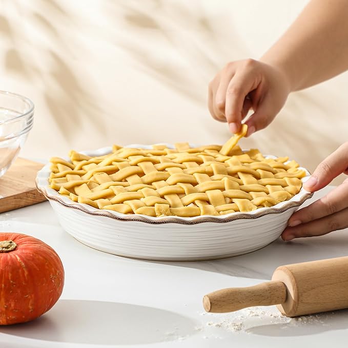 Frewinky Ceramic Pie Pan for Baking, 9 inch Pie Dish with Ruffled Edge, Nonstick Deep Pie Plate, Farmhouse Decor Quiche Tart Baking Dish for Thanksgiving, Microwave & Oven Safe, Set of 1