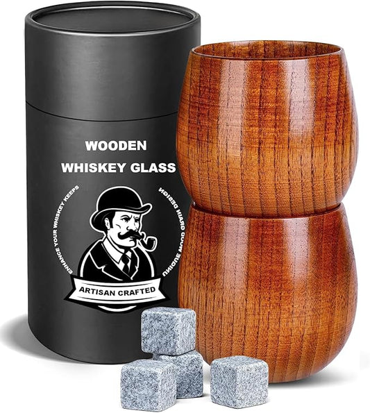 2 Pack Original Wooden Whiskey Glasses – Handmade Bourbon Tumblers for Men – Old Fashioned Cocktail Cups – Gifts for Dad, Men, Brother, or Whiskey Lovers