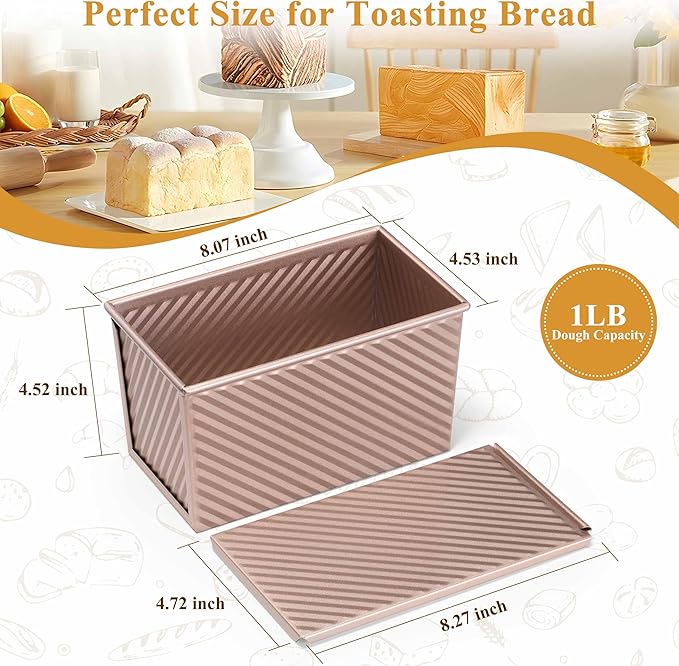 LIANYU Pullman Loaf Pan with Lid, 2 Pack 1 Pound Bread Loaf Baking Pan, Nonstick Homemade Sourdough Sandwich Bread Toast Box, Heavy Duty Corrugated Bakeware Tins with Cover, Rose Gold