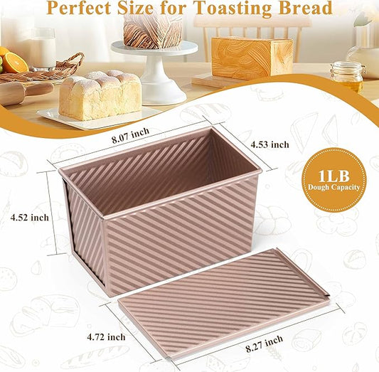 LIANYU Pullman Loaf Pan with Lid, 2 Pack 1 Pound Bread Loaf Baking Pan, Nonstick Homemade Sourdough Sandwich Bread Toast Box, Heavy Duty Corrugated Bakeware Tins with Cover, Rose Gold