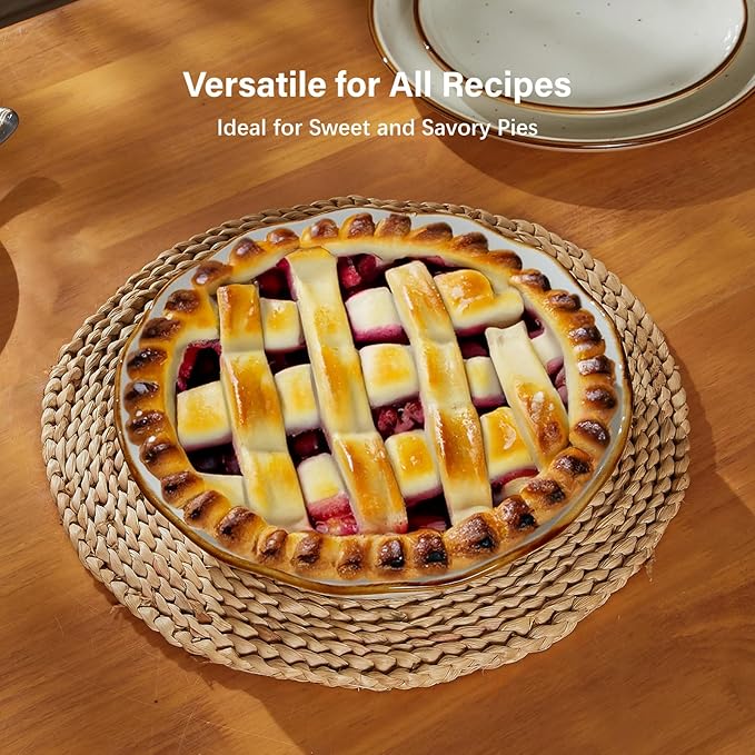 ONEMORE 9-Inch Deep Dish Pie Pan - Ceramic Pizza Pan for Oven, Baking Chicken Pot Pie, Quiche & Tarts - Rustic White Dish for Perfectly Crispy Crust, Large Ruffled Baking Plate