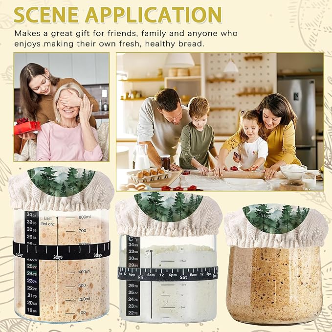 Sourdough Starter Jar Covers,5-Pack Reusable Misty Forest Mountain Cloth Lids for 3-4 Inch Jars,Ideal for Kombucha Kefir or Cheese Fermentation