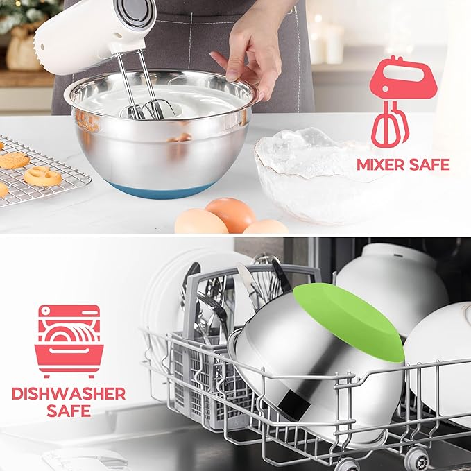 Onader Colorful Mixing Bowl Set of 6 for Kitchen, Large Stainless Steel Metal Nesting Mixing Bowls with Airtight Lids, Non Slip - Size 1, 1.5, 2, 2.6, 3.5, 7QT