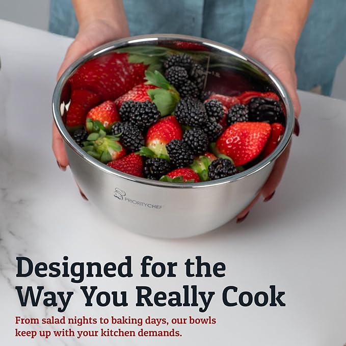 Priority Chef Stainless Steel Mixing Bowls with Lids Set, Metal Nesting Bowls with Airtight Lids, Graters, Non-Slip Base & Measurement Marks, Includes Utensil Set for Prep, Baking & Storage, Grey