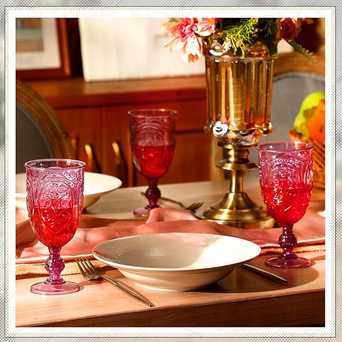 18 Pack Plastic Goblets 10oz Upgrade Vintage Water Goblet Plastic Wine Glasses Colored Retro Embossed Glassware for Party Wine Bar Juice Baby Shower Wedding Reception Grand (Purple)