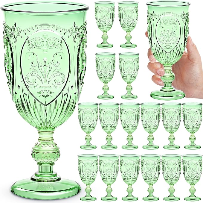 18 Pack Plastic Goblets 10oz Upgrade Vintage Water Goblet Plastic Wine Glasses Colored Retro Embossed Glassware for Party Wine Bar Juice Baby Shower Wedding Reception Grand (Green)