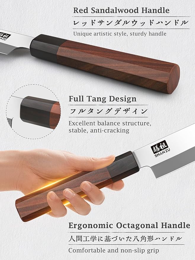 SHAN ZU 10 Inch Sushi Knife, High Carbon Japanese Steel Sashimi Knife, Japanese Knives for Fish Filleting & Slicing, Sushi Making Knives with Red Sandalwood Handle