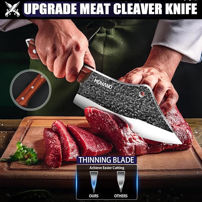 MDHAND Butcher Knife Set, 4PCS Hand Forged Butcher Chef Knife Set with Gift Box, Meat Cutting Knife for Kitchen, Bone Chopper Knives & Viking Knives for Home & Camping & Outdoor, BBQ Gift for Men