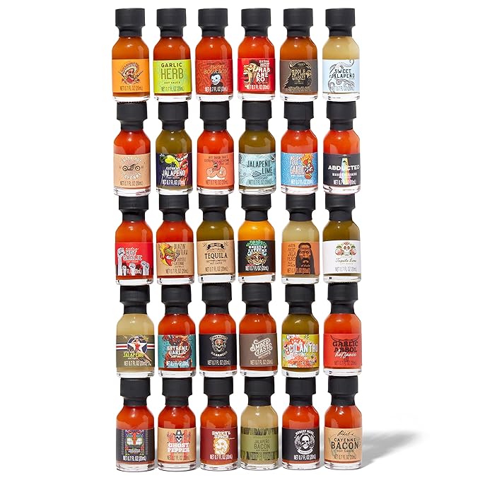 Thoughtfully Gourmet, Master Hot Sauce Collection Sampler Set, Flavors Include Garlic Herb, and More, Hot Sauce Gift, Set of 30
