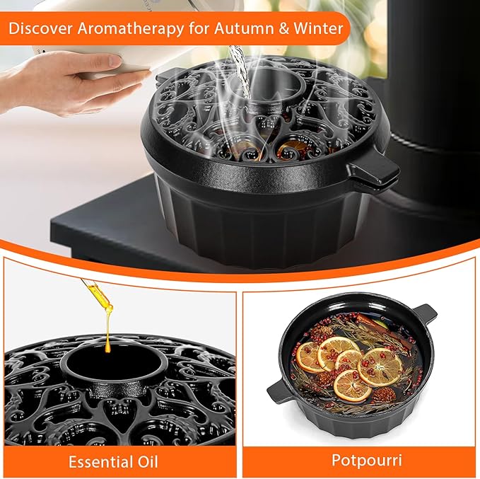 Wood Stove Steamer - Rust Resistant Cast Iron Humidifier Pot with Three-Layer Porcelain Coating for Woodstove, Indoor Fireplace Steamer for Dry Winter, Decorative, 2.7 Quart-Black
