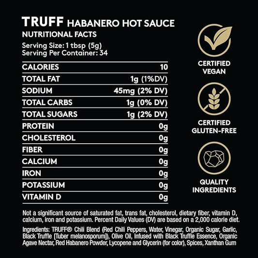 TRUFF Habanero Black Truffle Hot Sauce, Gourmet Hot Sauce with Jalapeño, Red Chili Peppers with More Heat, Black Truffle Oil, Agave Nectar, Hotter Flavor Experience in a Bottle, 6 oz.