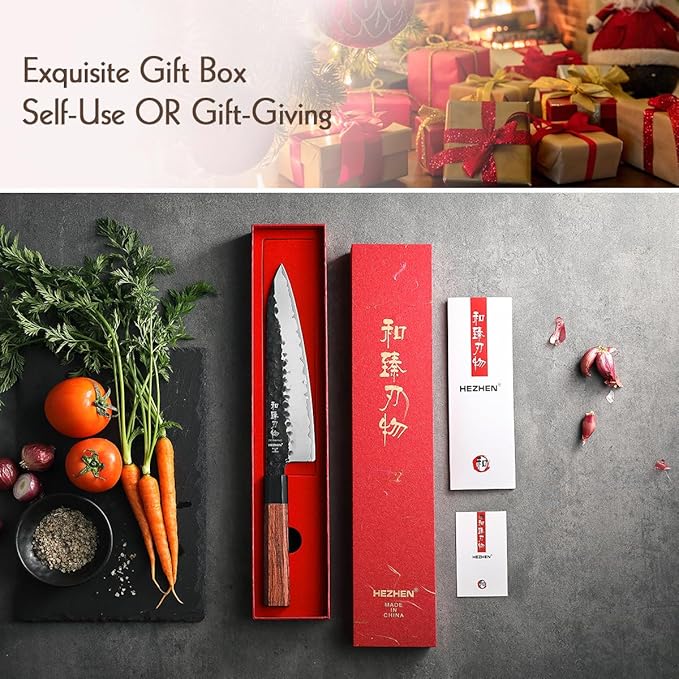 HEZHEN- 8.5 inch Chef Knife,3 Layers High Carbon Composite Forging Steel,Razor Sharp Kitchen Knife, Redwood Octagonal Handle With Wooden Knife Sheath with Premium Gift Box