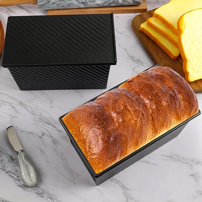 pullman loaf pan with lid - bread pans for homemade bread - 1Lb Non-Stick loaf baking pans - Carbon Steel Toast Box with Oven Mitts(set of 2)