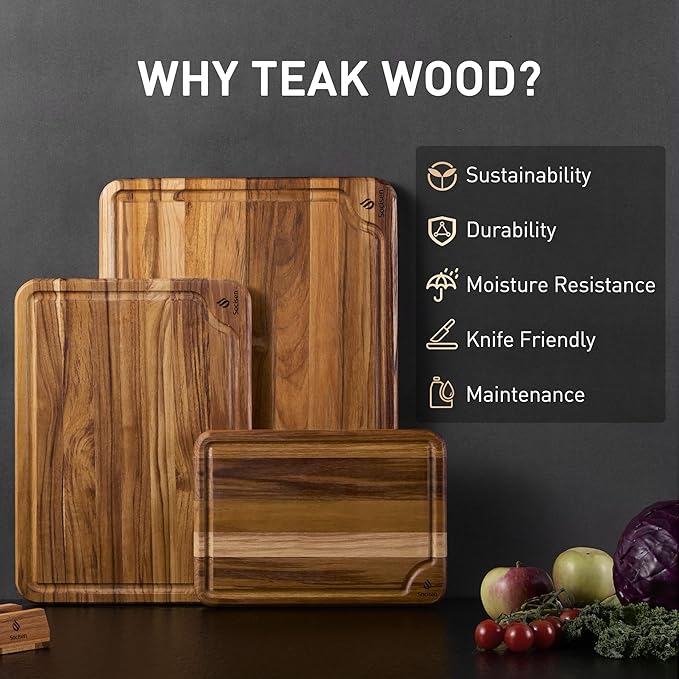 3 Pack Teak Wood Cutting Board Set for Kitchen Charcuterie Board Serving Heavy Duty Non Toxic Slip Over Sink Solid Thick Haus Wooden Chopping Board Large Big Small Meat Best Kitchen Essential Gift
