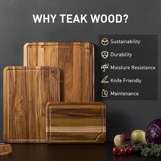 3 Pack Teak Wood Cutting Board Set for Kitchen Charcuterie Board Serving Heavy Duty Non Toxic Slip Over Sink Solid Thick Haus Wooden Chopping Board Large Big Small Meat Best Kitchen Essential Gift