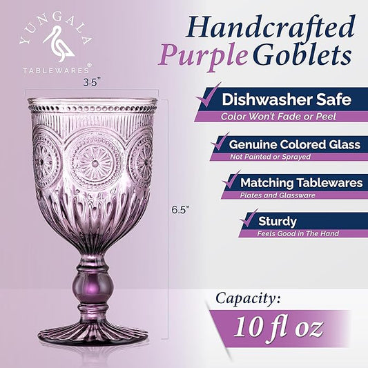 Yungala Purple Wine Glasses set of 6 purple goblets. GLASS goblets for wine, water or cocktails, vintage glassware and DISHWASHER SAFE, colorful glassware.