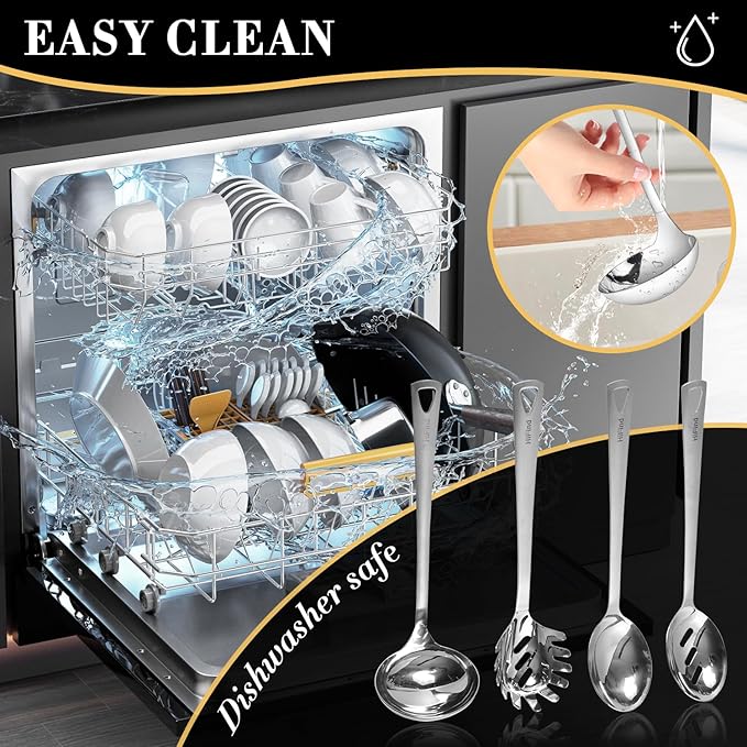 4PCS Cooking Utensils Set, Stainless Steel Kitchen Utensils Set, Durable Kitchenware Set for Cooking, Utensils Set with Slotted Serving Spoon, Spaghetti Fork, Ladle, Solid Serving Spoon