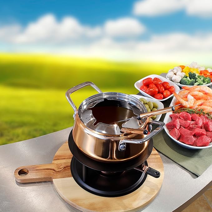 Swissmar Peak 10-Piece Copper-Plated Stainless Steel Fondue Set - Ideal for Oil & Broth Fondue - Perfect for Kitchen Collection & Wedding Gift Giving - 1.25 Liter / 1.32 Quarts
