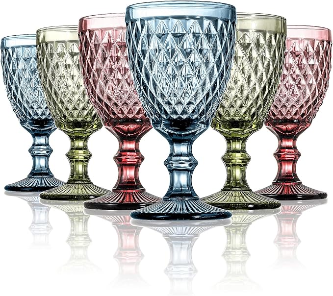 ZOOFOX Set of 6 Vintage Wine Glasses, 10 oz Colored Glass Goblet with Stem, Diamond Design Embossed Glassware for Baby Shower, Wedding, Party, Holiday