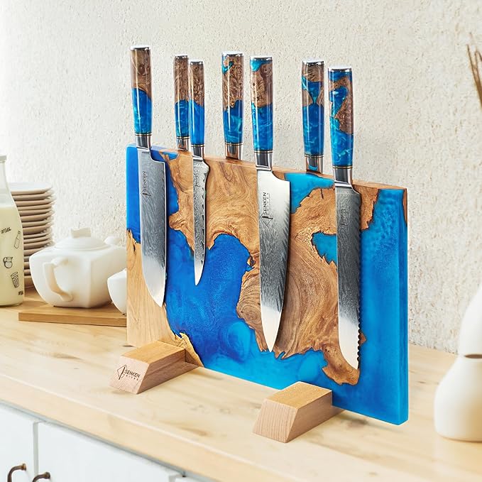 SENKEN "Tsunami" Extra Large Magnetic Knife Block - Holds Up to 16 Knives - Knife Block without Knives, Universal Knife Holder, Beautiful Blue Resin & Natural Wood Blend ("Tsunami" Blue Resin Blend)