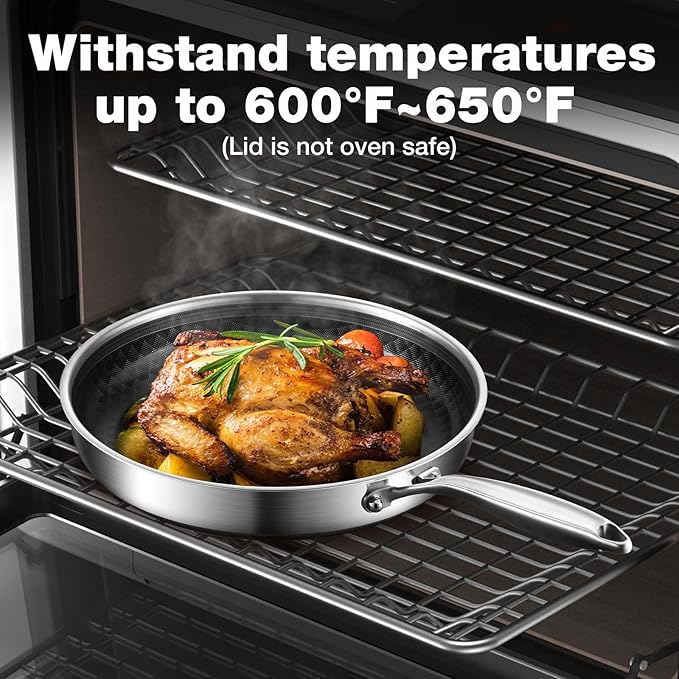 10-Inch Non Stick Frying Pans, Ceramic Coating NonStick Stainless Steel Pan Set, Tri-Ply Skillets and Pan Set with Lid, Cool-Touch Handle, Dishwasher and Oven Safe