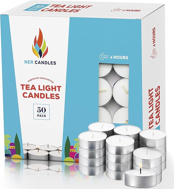 Unscented Tea Lights Candles White, Smokeless, Dripless & Long Lasting Paraffin Small Votive Mini Tealight Candle for Home, Pool, Shabbat, Weddings & Emergencies (50-Pack)