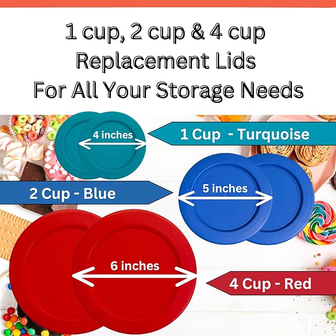 1, 2 & 4 Cup Turquoise, Blue, Red Replacement Lids/Covers for Pyrex, Anchor Hocking & KlareWare Storage Bowls *Lids Only Glass Container Not Included* (6 Pack *Two of Each Size*)