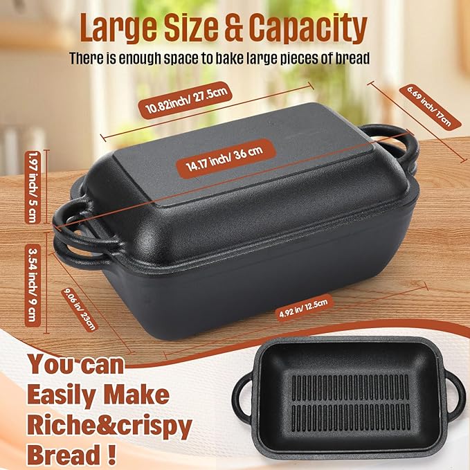 Cast Iron Bread Pan with Lid Pre-Seasoned Dutch Oven 5.7QT Non-Stick Bread Loaf Pan, Sourdough Artisan Baking Pots for Baking Roasting(Multifunctional)