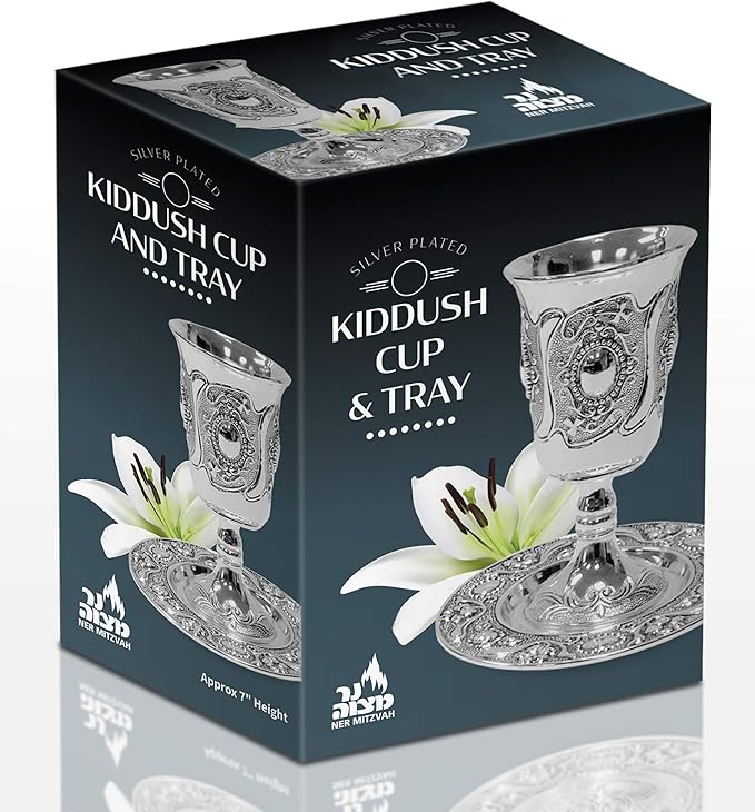 Ner Mitzvah Tall Kiddush Cup and Tray - Premium Quality Silver Plated Goblet With Stem - Shabbat and Havdalah Goblet - Judaica Shabbos and Holiday Gift