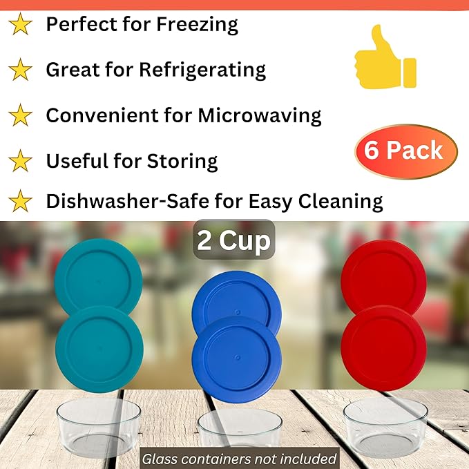 2 Cup/470 mL Turquoise, Blue, Red Replacement Lids/Covers for Pyrex 7200-PC, 16oz Anchor Hocking & Klare Ware Storage Bowls *Lids Only* - *Glass Container Not Included* (6 Pack, Turquoise/Blue/Red)
