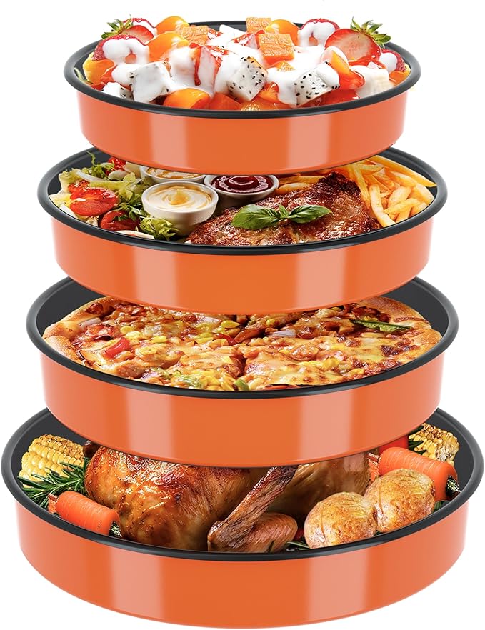 Round Roasting Pans Bakeware 4 Pack Enamelwere Baking Cake Pans Set Casserole Dishes 9/10/12/14inch Turkey Chichen Vegetables Roaster Oven Dishwasher Safe Thanksgivinfg Holiday (Orange)